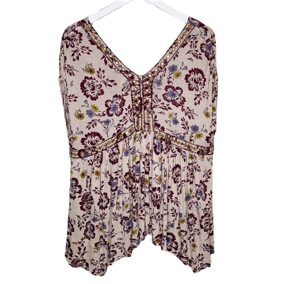 Free People Linen Blend Floral Handkerchief Hem Peasant Blouse Top - Picture 6 of 9